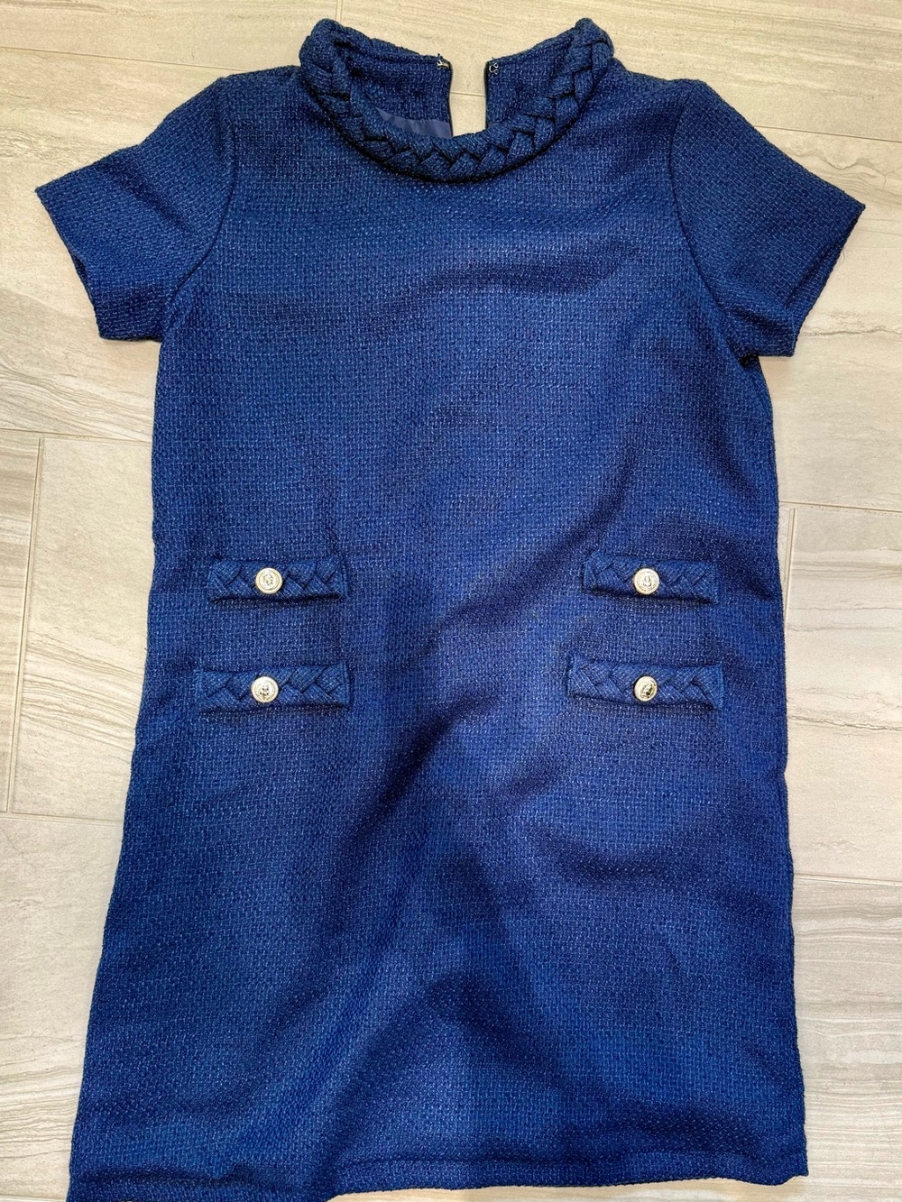 Women' Navy Knit Short-Sleeve Dress with Quilted Trim